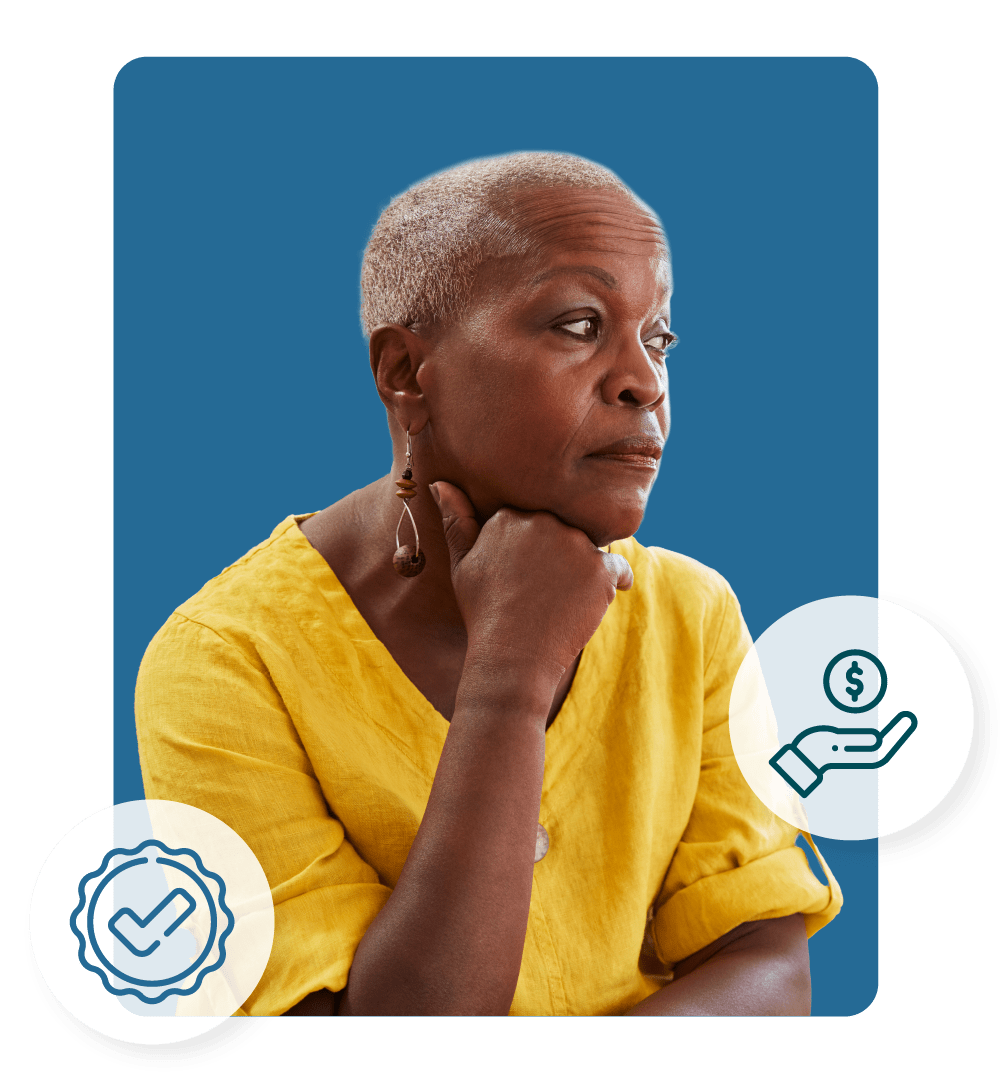 A senior woman looking off to the right with a comment and money