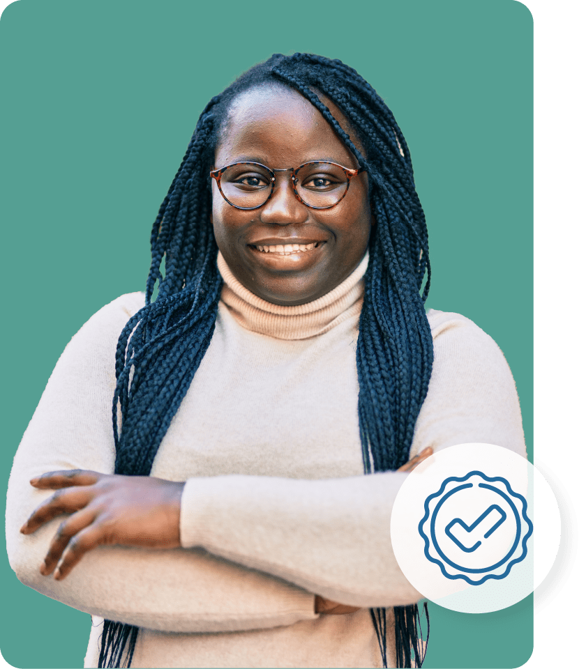 A girl crossed arms with check icon