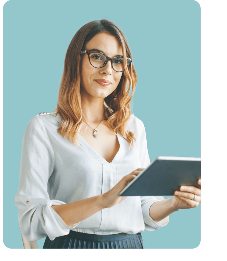 Young woman in glasses smirks with confidence