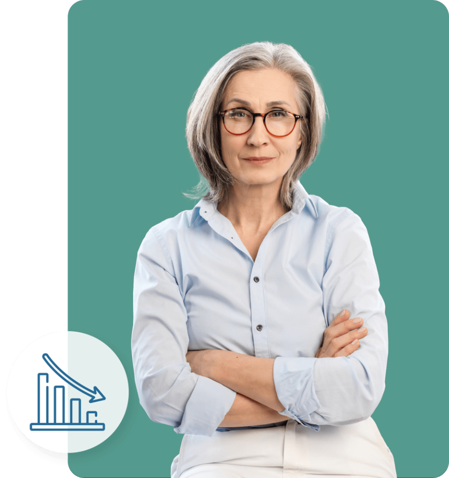 Older woman with glasses smirking with arms crossed standing confidently