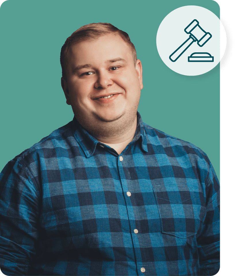 Man smiling and gavel icon