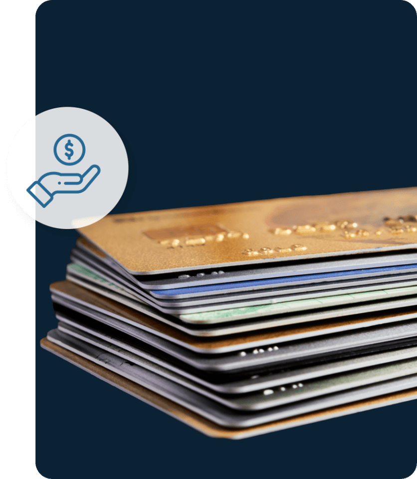 Neatly stacked credit cards on a stable